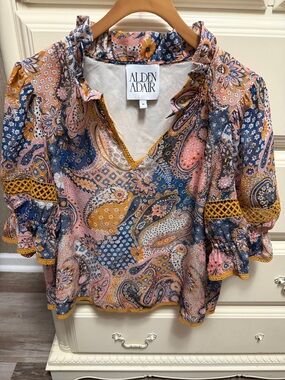 Alden Adair Women's Lottie Blouse in Paisley Patch Pink, Blue, Mustard Sz Medium